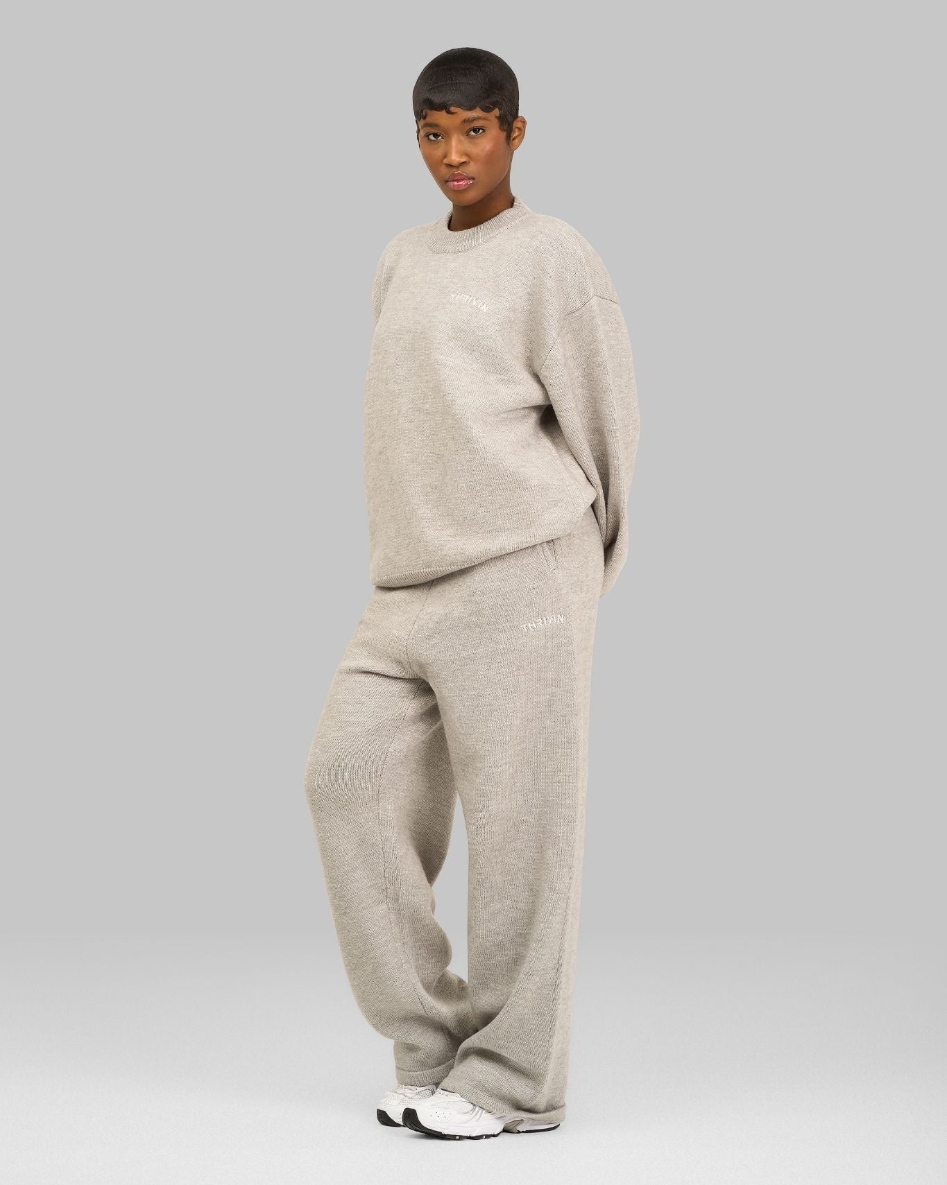 Essential Knitted Wide Leg Trouser | Stone